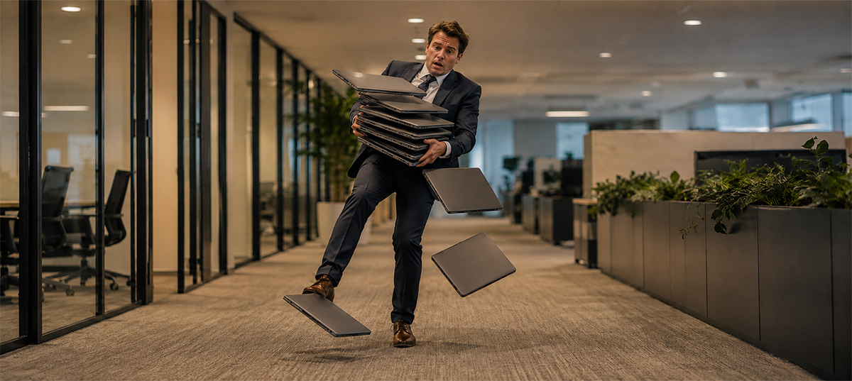 Professional services worker overloaded with laptops, representing a business doing its IT services provider's job for them