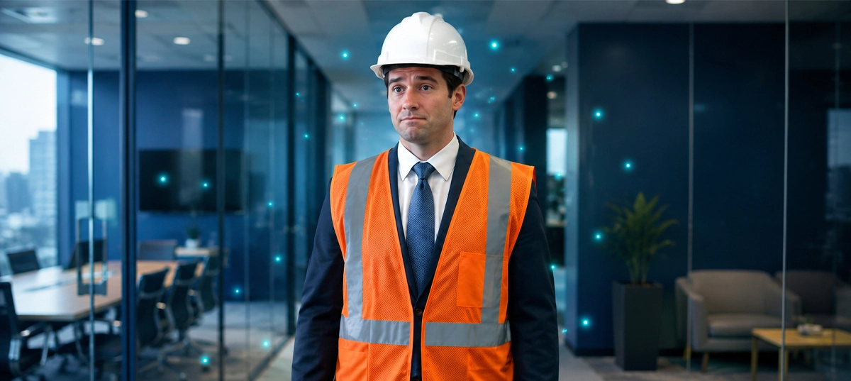 Office worker in a suit wearing a hi-vis vest and hard hat like a costume, symbolising a managed IT provider unsuited for a mine site