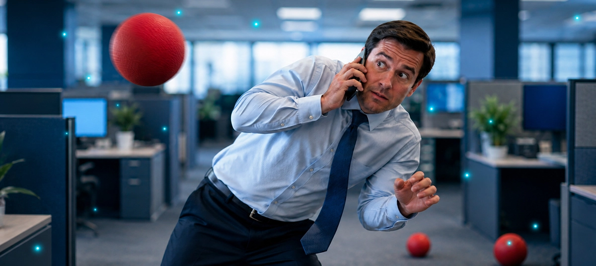 IT provider on the phone dodging a dodgeball in an office, symbolising a provider avoiding direct questions about mine site support